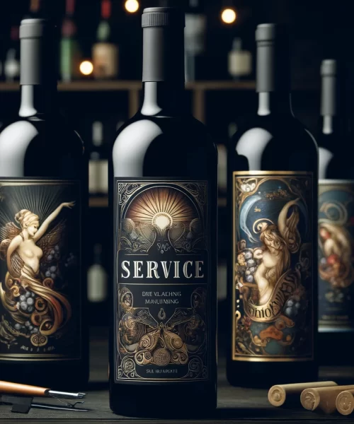 DALL·E 2024-04-25 11.54.30 - Elegant artistic labels on wine bottles, displayed in a dark, moody bar setting to enhance the sophistication and appeal of the product, suitable for